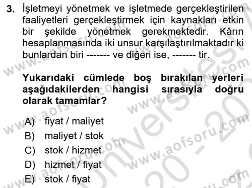 Sağlık İşletmelerinde Maliyet Yönetim Dersi 2020 - 2021 Yılı Yaz Okulu Sınav Soruları 3. Soru