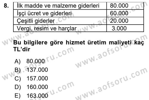 Sağlık İşletmelerinde Maliyet Yönetim Dersi 2020 - 2021 Yılı Yaz Okulu Sınav Soruları 8. Soru