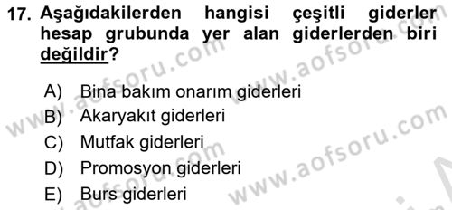 Sağlık İşletmelerinde Maliyet Yönetim Dersi 2021 - 2022 Yılı (Vize) Ara Sınavı 17. Soru