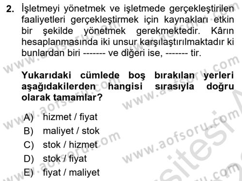 Sağlık İşletmelerinde Maliyet Yönetim Dersi 2021 - 2022 Yılı (Vize) Ara Sınav Soruları 2. Soru