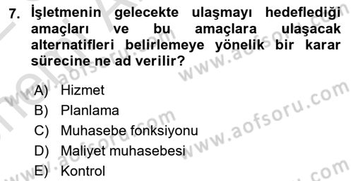 Sağlık İşletmelerinde Maliyet Yönetim Dersi 2021 - 2022 Yılı (Vize) Ara Sınavı 7. Soru