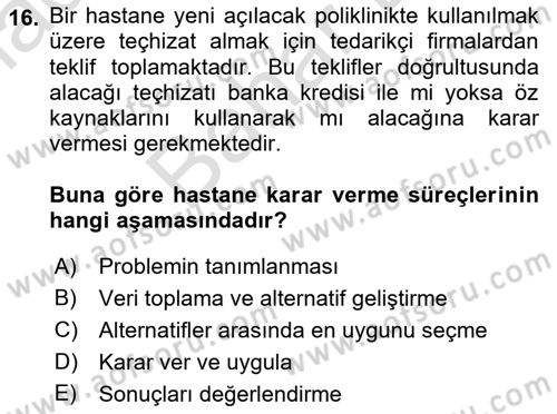 Sağlık İşletmelerinde Maliyet Yönetim Dersi 2021 - 2022 Yılı (Final) Dönem Sonu Sınav Soruları 16. Soru