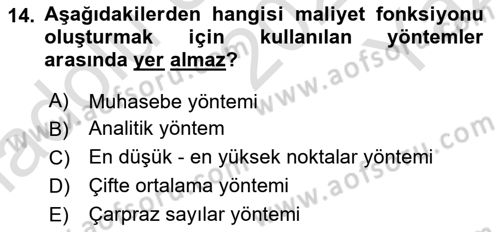 Sağlık İşletmelerinde Maliyet Yönetim Dersi 2022 - 2023 Yılı Yaz Okulu Sınavı 14. Soru