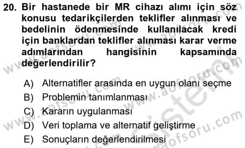 Sağlık İşletmelerinde Maliyet Yönetim Dersi 2023 - 2024 Yılı (Final) Dönem Sonu Sınav Soruları 20. Soru