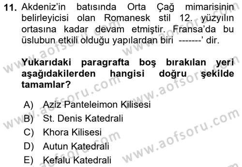 Akdeniz Uygarlıkları Sanatı Dersi 2020 - 2021 Yılı Yaz Okulu Sınav Soruları 11. Soru