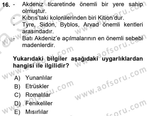 Akdeniz Uygarlıkları Sanatı Dersi Ara Sınavı Deneme Sınav Soruları 16. Soru