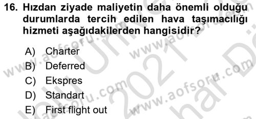 Havacılık Terminolojisi Dersi 2021 - 2022 Yılı (Vize) Ara Sınav Soruları 16. Soru