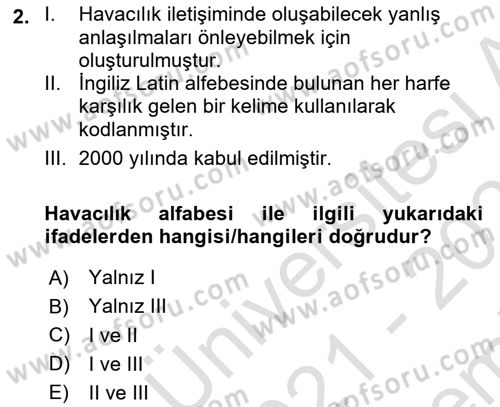 Havacılık Terminolojisi Dersi 2021 - 2022 Yılı (Final) Dönem Sonu Sınav Soruları 2. Soru