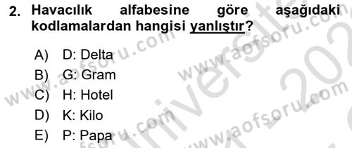 Havacılık Terminolojisi Dersi 2021 - 2022 Yılı Yaz Okulu Sınav Soruları 2. Soru
