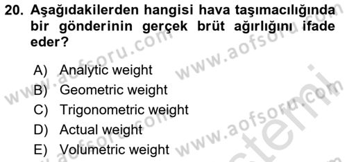 Havacılık Terminolojisi Dersi 2023 - 2024 Yılı (Vize) Ara Sınavı 20. Soru