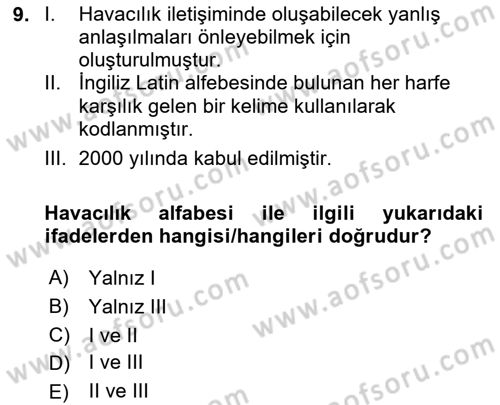 Havacılık Terminolojisi Dersi 2023 - 2024 Yılı (Vize) Ara Sınavı 9. Soru