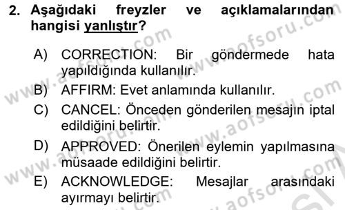 Havacılık Terminolojisi Dersi 2023 - 2024 Yılı (Final) Dönem Sonu Sınav Soruları 2. Soru