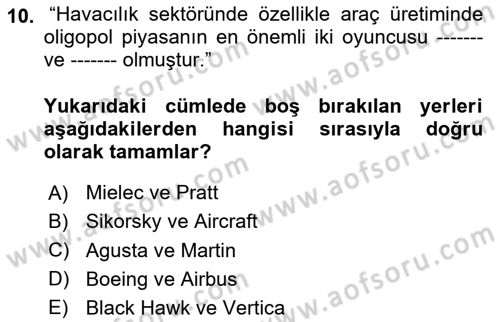 Havacılık Ekonomisi Dersi 2023 - 2024 Yılı (Vize) Ara Sınav Soruları 10. Soru