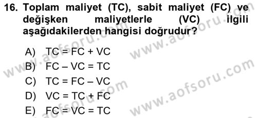 Havacılık Ekonomisi Dersi 2023 - 2024 Yılı (Vize) Ara Sınav Soruları 16. Soru