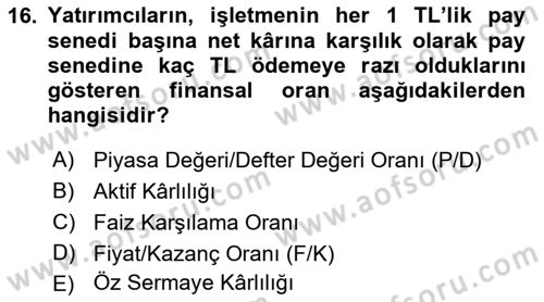 Havayolu İşletmelerinde Finansal Yönetim Dersi Ara Sınavı Deneme Sınav Soruları 16. Soru