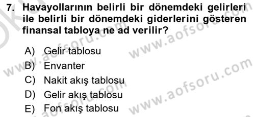 Havayolu İşletmelerinde Finansal Yönetim Dersi 2022 - 2023 Yılı Yaz Okulu Sınav Soruları 7. Soru