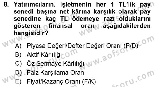 Havayolu İşletmelerinde Finansal Yönetim Dersi 2022 - 2023 Yılı Yaz Okulu Sınav Soruları 8. Soru