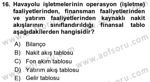 Havayolu İşletmelerinde Finansal Yönetim Dersi Ara Sınavı Deneme Sınav Soruları 16. Soru