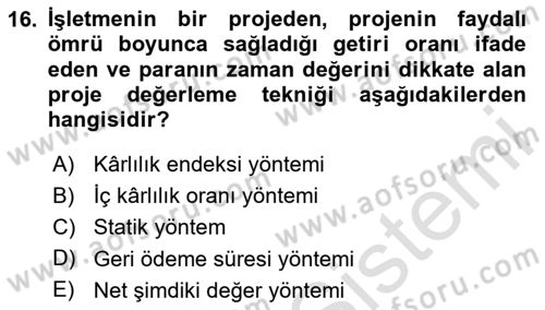 Havayolu İşletmelerinde Finansal Yönetim Dersi 2023 - 2024 Yılı Yaz Okulu Sınav Soruları 16. Soru