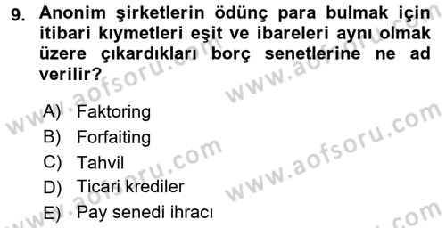 Havayolu İşletmelerinde Finansal Yönetim Dersi 2023 - 2024 Yılı Yaz Okulu Sınav Soruları 9. Soru