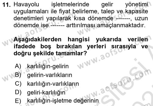 Havayolu İşletmelerinde Finansal Yönetim Dersi 2024 - 2025 Yılı (Vize) Ara Sınav Soruları 11. Soru