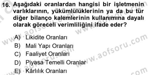 Havayolu İşletmelerinde Finansal Yönetim Dersi Ara Sınavı Deneme Sınav Soruları 16. Soru