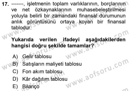Havayolu İşletmelerinde Finansal Yönetim Dersi Ara Sınavı Deneme Sınav Soruları 17. Soru