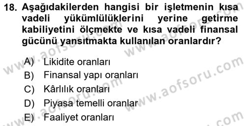 Havayolu İşletmelerinde Finansal Yönetim Dersi Ara Sınavı Deneme Sınav Soruları 18. Soru
