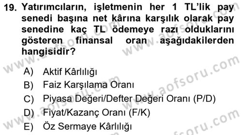 Havayolu İşletmelerinde Finansal Yönetim Dersi Ara Sınavı Deneme Sınav Soruları 19. Soru