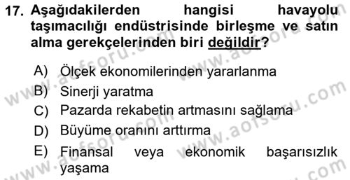 Havayolu İşletmelerinde Finansal Yönetim Dersi 2024 - 2025 Yılı (Final) Dönem Sonu Sınav Soruları 17. Soru