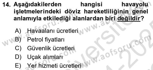 Havayolu İşletmelerinde Finansal Yönetim Dersi 2024 - 2025 Yılı Yaz Okulu Sınav Soruları 14. Soru