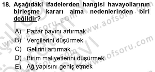 Havayolu İşletmelerinde Finansal Yönetim Dersi 2024 - 2025 Yılı Yaz Okulu Sınav Soruları 18. Soru