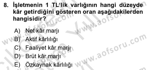 Havayolu İşletmelerinde Finansal Yönetim Dersi 2024 - 2025 Yılı Yaz Okulu Sınav Soruları 8. Soru