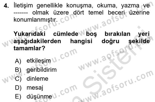İnsan İlişkileri ve İletişim Dersi 2022 - 2023 Yılı Yaz Okulu Sınav Soruları 4. Soru