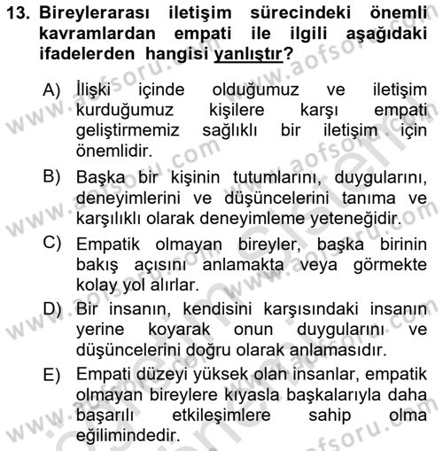 İnsan İlişkileri ve İletişim Dersi 2024 - 2025 Yılı (Vize) Ara Sınav Soruları 13. Soru