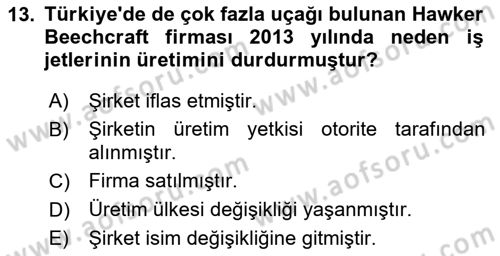 Hava Araçlari Ve Tipleri Dersi 2024 - 2025 Yılı (Vize) Ara Sınav Soruları 13. Soru