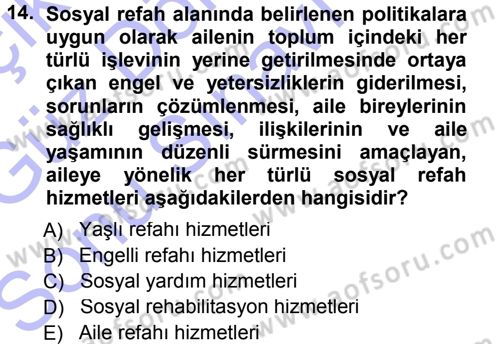 Sosyal Hizmete Giriş Dersi 2012 - 2013 Yılı (Final) Dönem Sonu Sınav Soruları 14. Soru
