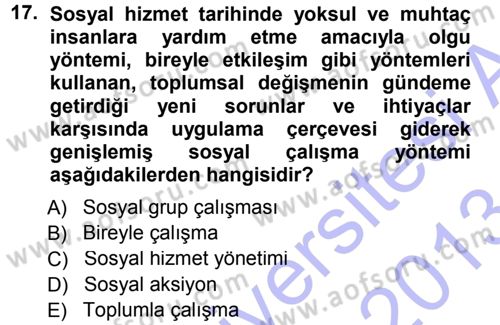 Sosyal Hizmete Giriş Dersi 2012 - 2013 Yılı (Final) Dönem Sonu Sınav Soruları 17. Soru