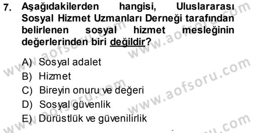 Sosyal Hizmete Giriş Dersi Ara Sınavı Deneme Sınav Soruları 7. Soru