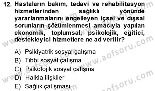 Sosyal Hizmete Giriş Dersi 2014 - 2015 Yılı (Final) Dönem Sonu Sınav Soruları 12. Soru