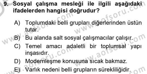 Sosyal Hizmete Giriş Dersi 2016 - 2017 Yılı 3 Ders Sınav Soruları 9. Soru