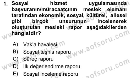 Sosyal Hizmete Giriş Dersi 2016 - 2017 Yılı (Final) Dönem Sonu Sınavı 1. Soru