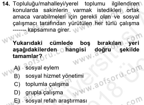 Sosyal Hizmete Giriş Dersi 2017 - 2018 Yılı 3 Ders Sınav Soruları 14. Soru