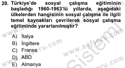 Sosyal Hizmete Giriş Dersi Ara Sınavı Deneme Sınav Soruları 20. Soru