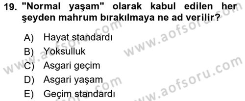 Sosyal Hizmete Giriş Dersi 2017 - 2018 Yılı (Final) Dönem Sonu Sınavı 19. Soru