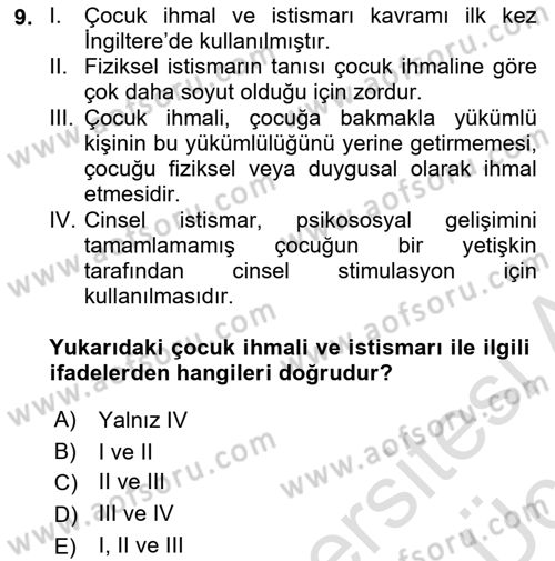 Sosyal Hizmete Giriş Dersi 2018 - 2019 Yılı 3 Ders Sınav Soruları 9. Soru