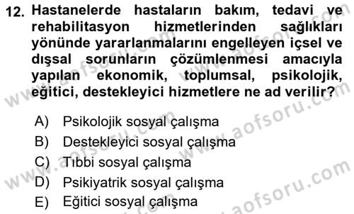 Sosyal Hizmete Giriş Dersi 2018 - 2019 Yılı (Final) Dönem Sonu Sınav Soruları 12. Soru