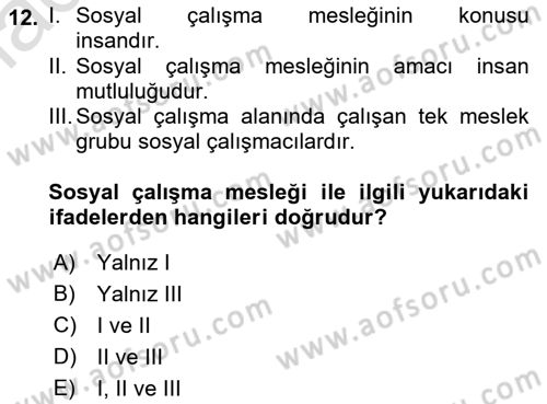 Sosyal Hizmete Giriş Dersi 2019 - 2020 Yılı (Vize) Ara Sınav Soruları 12. Soru