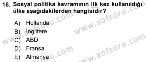 Sosyal Hizmete Giriş Dersi 2019 - 2020 Yılı (Final) Dönem Sonu Sınav Soruları 16. Soru