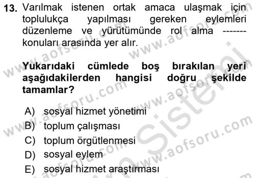 Sosyal Hizmete Giriş Dersi 2021 - 2022 Yılı (Vize) Ara Sınavı 13. Soru